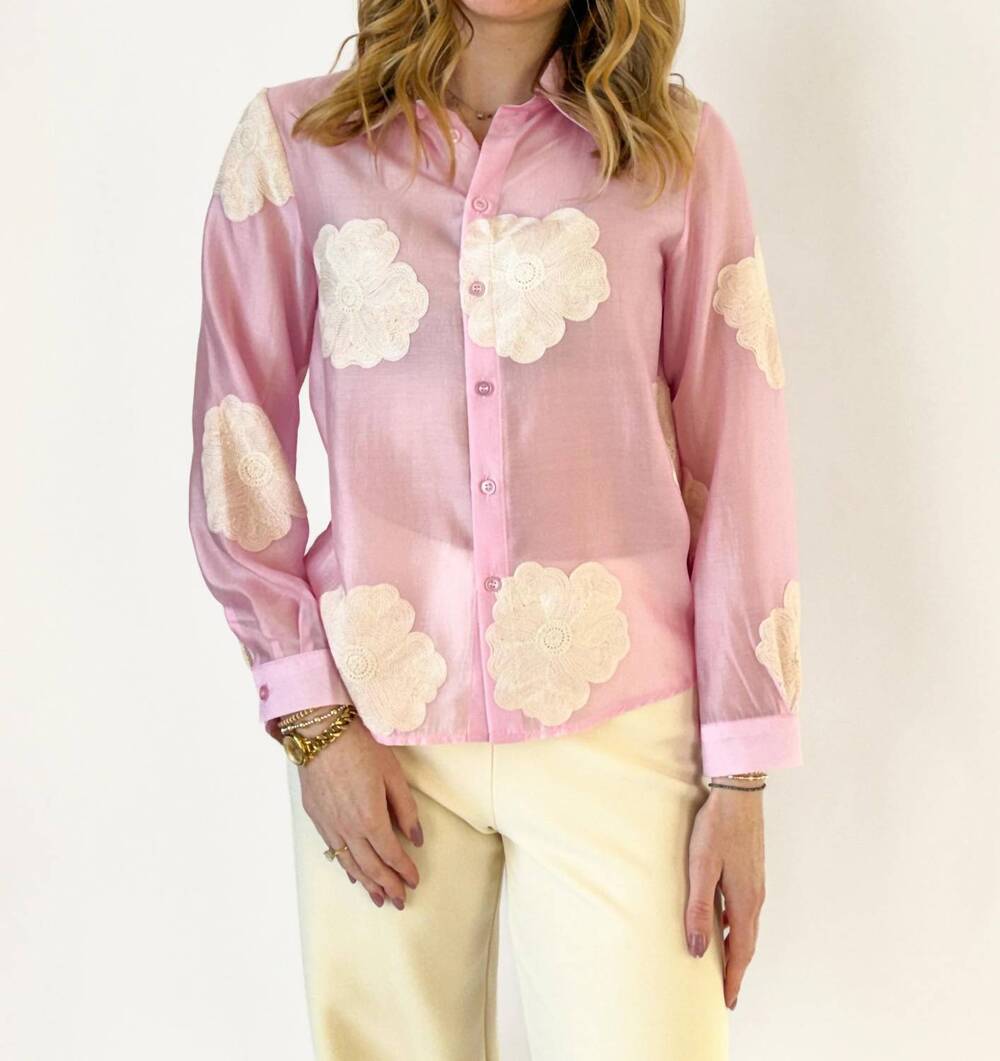 NEW ASTRID june embroidered button down top in pink